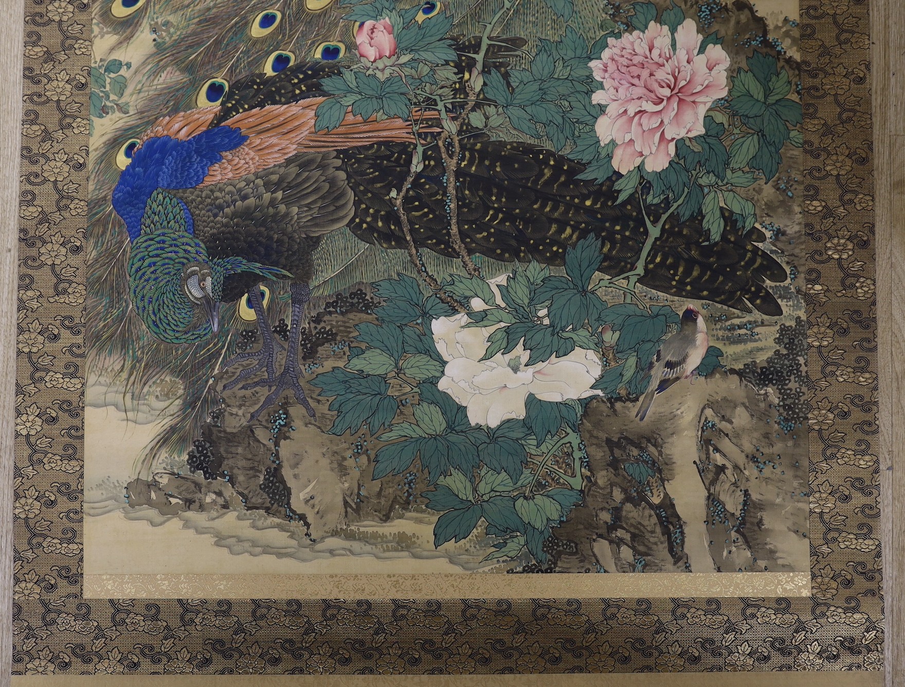 A Japanese scroll painting on silk of birds, Meiji period, bone scroll ends, Image of 137cm X 71 cm